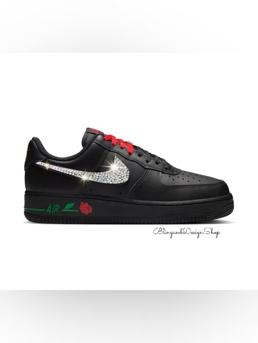 Bling Nike Air Force 1 07 SE Black Floral Shoes Customized with Crystals Sneaker